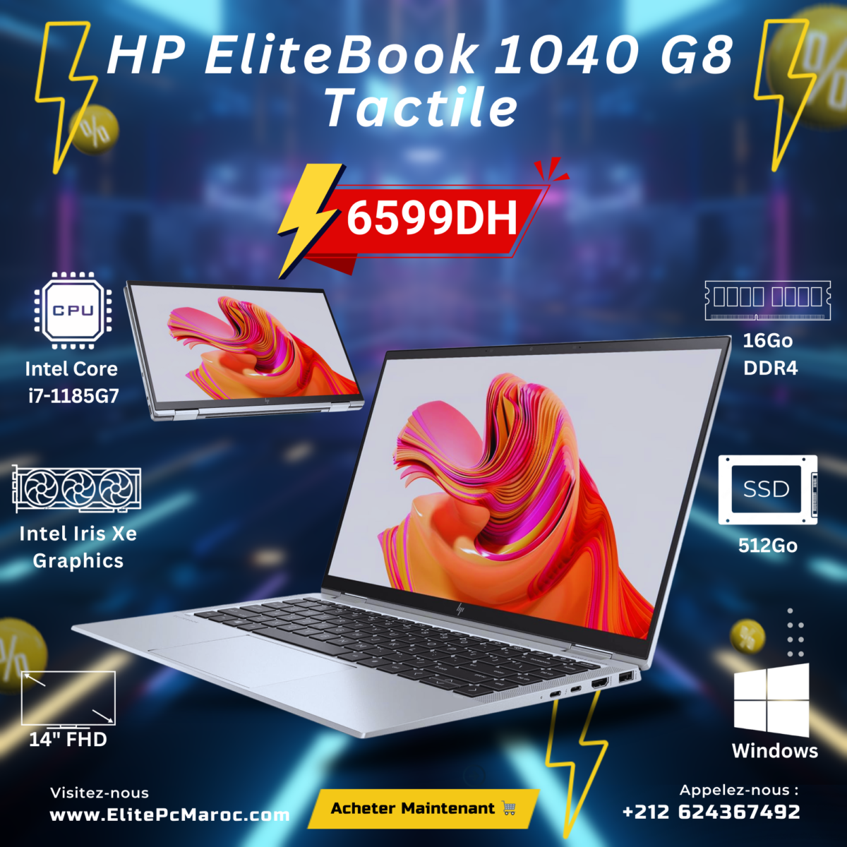 HP EliteBook x360 1040 G8 i7-1185G7 vPro16GB512GB SSD Tactile 360 prix au maroc